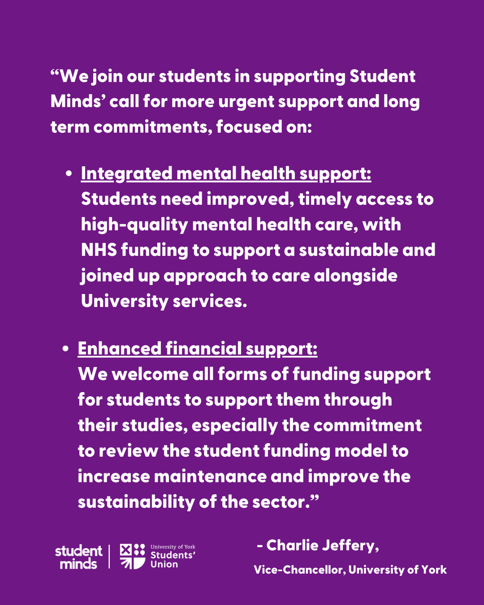 Student Minds (@studentmindsorg) on Twitter photo Read Professor Charlie Jeffery, the Vice-Chancellor of the <a href="/UniOfYork/">University of York</a>’s statement on the Student Mental Health Manifesto and how the government can further support university students.
Explore our manifesto: ow.ly/5NlO50VgGu1
#UniMentalHealthDay Read Professor Charlie Jeffery, the Vice-Chancellor of the <a href="/UniOfYork/">University of York</a>’s statement on the Student Mental Health Manifesto and how the government can further support university students.
Explore our manifesto: ow.ly/5NlO50VgGu1
#UniMentalHealthDay