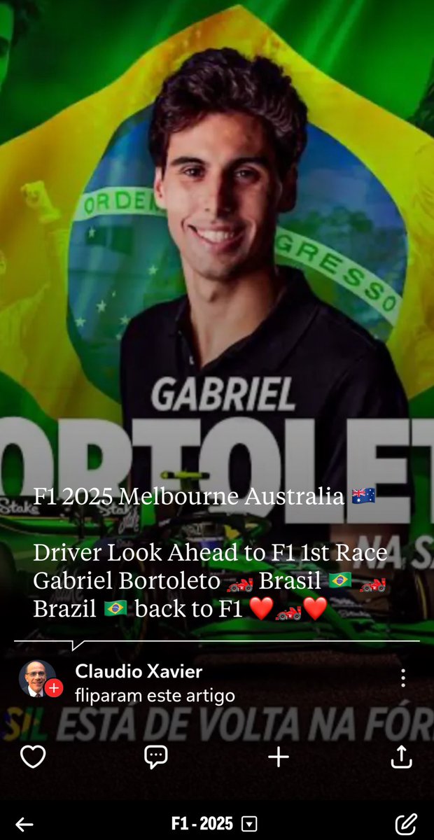 claudiorxavier's tweet photo. F1 Australia 🇦🇺 2025 
Let’s start, enjoy 😉 
Brazil 🇧🇷 is Back to F1 na 
#bandf1 @gabortoleto85 @LewisHamilton 🇧🇷🏎️🏎️ Enjoy by X F1 Lover (X=@claudiorxavier )

https://t.co/wmbk05chkP https://t.co/kepMlGeaY8