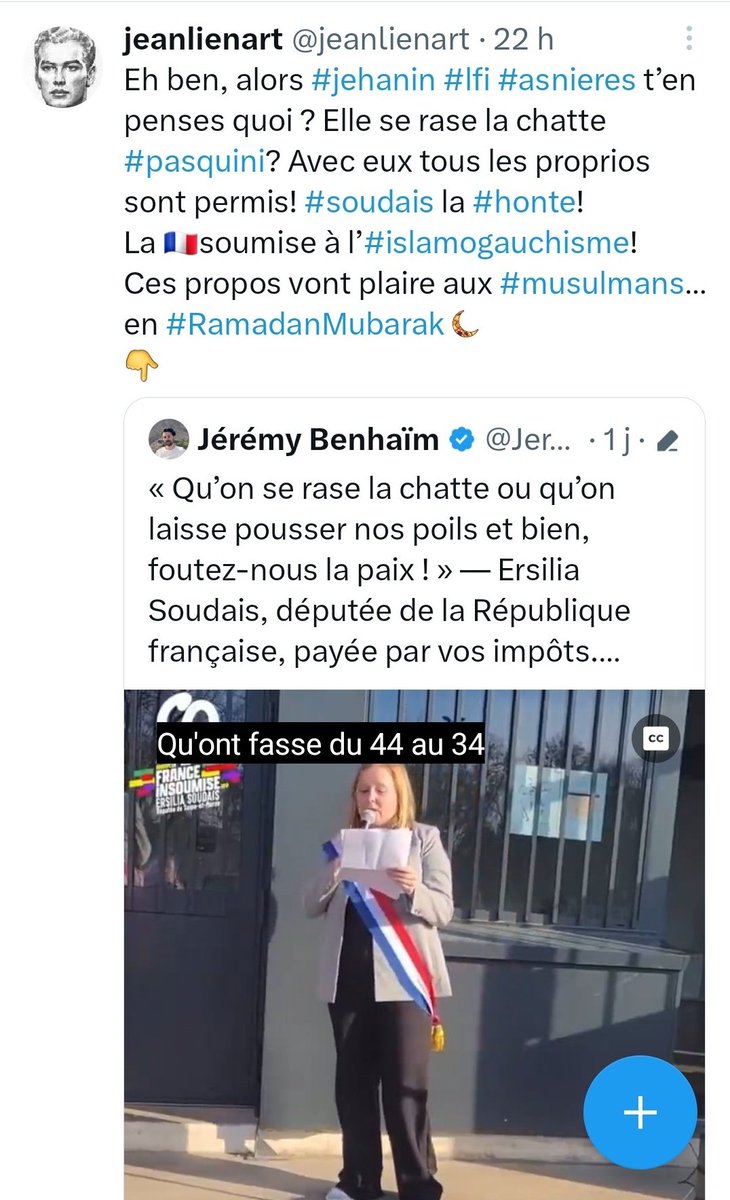 RomainJehanin's tweet photo. "Hors de France les sarazins et leurs descendants", "elle se rase la chatte Pasquini", "Jehanin tiens ton troupeau de vagins", "votre colistier de couleur"...

Je demande au maire d'#Asnières de signaler au Procureur ces propos racistes, misogynes et injurieux envers des élus. https://t.co/FL6ZWx5qHt