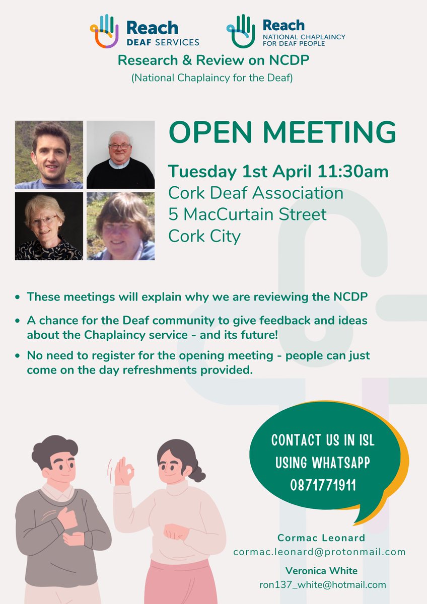 Reach Deaf Services (@reachdeaf1845) on Twitter photo Research & Review on NCDP will have an open meeting in Cork 
๐๐ฎ๐๐ฒ: 1st April
๐ง๐ถ๐บ๐ฒ: 11:30am
๐ช๐ต๐ฒ๐ฟ๐ฒ: Cork Deaf Association, 5 MacCurtain Street Research & Review on NCDP will have an open meeting in Cork 
๐๐ฎ๐๐ฒ: 1st April
๐ง๐ถ๐บ๐ฒ: 11:30am
๐ช๐ต๐ฒ๐ฟ๐ฒ: Cork Deaf Association, 5 MacCurtain Street