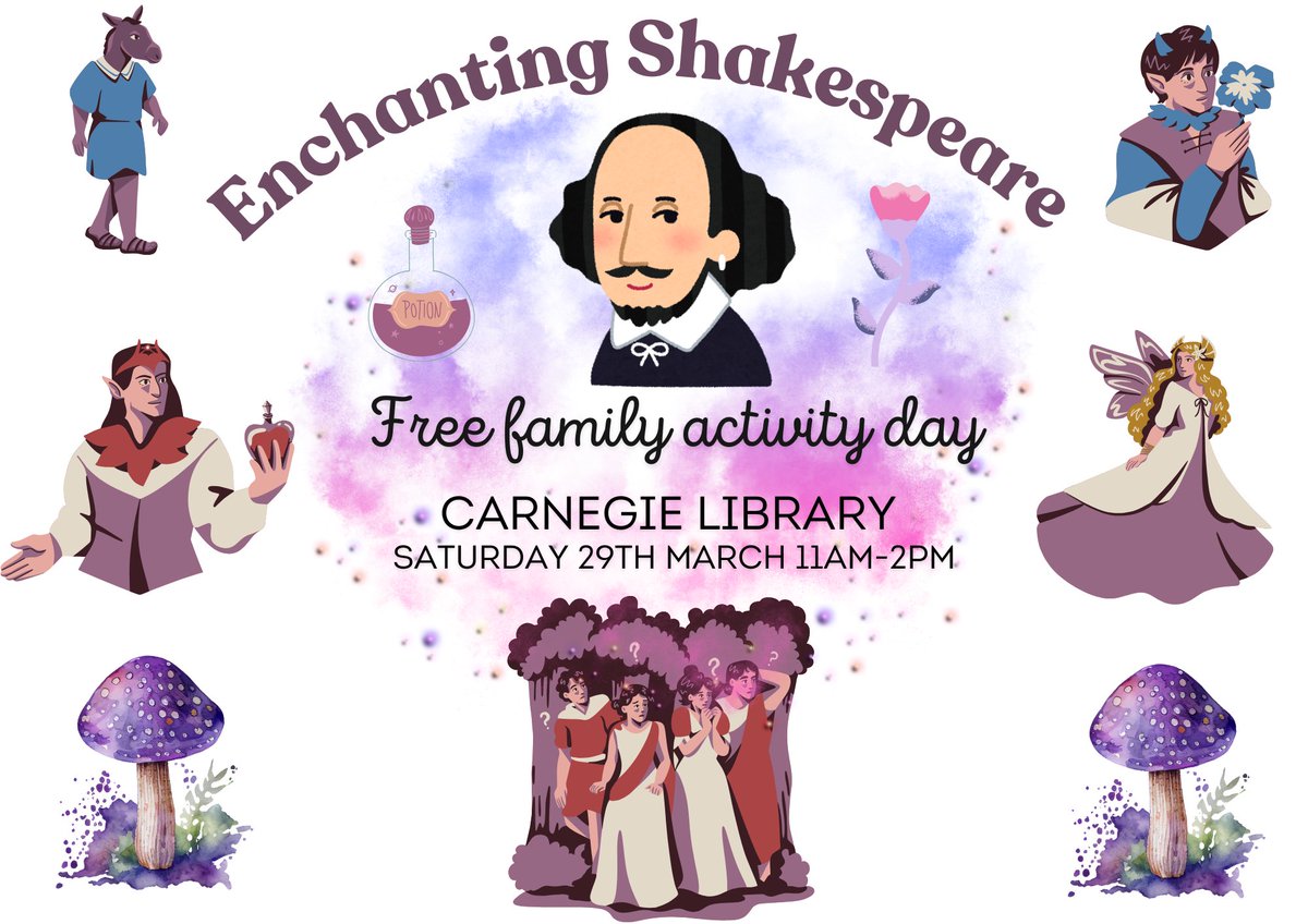 Shakespeare day at Carnegie Library, Saturday 29 March, 11-2pm! Suitable for all ages. Enter into Shakespeare’s magical fairy world of “A Midsummer night’s dream” with performance, craft and Tudor music. For info carnegie.library@portsmouthcc.gov.uk.