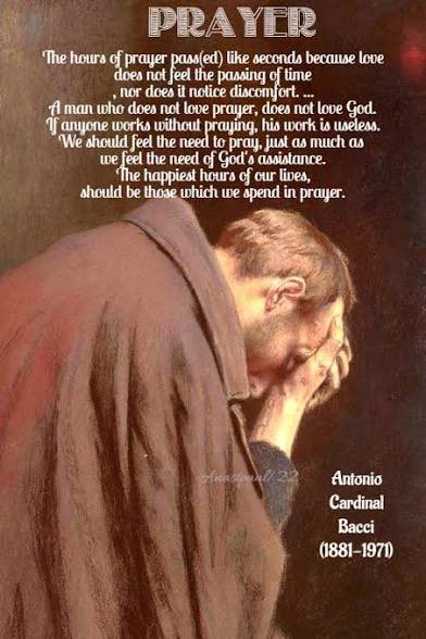 father_rmv's tweet photo. Prayer

1. What is prayer? It is not simply a request for some favour or grace. It is much more than this. It is a raising of the mind and heart to God in order to adore, praise, love and appease Him. It is an intimate conversation with God, or with Our Lady, or with any of the Saints. It is wonderfully consoling to be able to place ourselves quietly in the presence of God and open our hearts to Him. We can make known to Him our weaknesses, our desires and our resolutions. We can tell Him how much we long to love Him and to do His will in all things. We can tell Him how much we need His grace, because we are incapable of achieving anything without Him. We can tell Him that we long to love, adore and serve Him and to lead others to do likewise. If we pray in this fashion, we can be sure that God will hear us. If He obliges us to wait for an answer, it is because He wishes to test our faith and love. Even during such a period of trial, our prayers will still reach the throne of God.

2. The Saints loved to pray. Prayer was the source of their strength and consolation. They prayed with enthusiasm and for as long as they were able. They would have liked to spend their lives in intimate conversation with Jesus. They loved God so much that they lived and worked only for Him. For this reason they regarded prayer as a pleasure. The hours of prayer passed like seconds because love does not feel the passing of time, nor does it notice discomfort. Our Lord gave us an example of this in His own life. When He prayed to His Heavenly Father, “He continued all night in prayer to God.” (Luke 6:12) In spite of the fact that He was God, He gave Himself in prayer to His Heavenly Father before He worked any of His miracles, and in Gethsemane before He went to His Passion. It must be the same with us. A man who does not love prayer does not love God. If anyone works without praying, his work is useless. We should feel the need to pray just as much as we feel the need of God’s assistance. The happiest hours of our lives should be those which we spend in prayer.

3. The saints had their failings and temptations like everybody else. Some experienced continual spiritual aridity. Others, like St. Anthony and St. Benedict, were often tempted against purity, while St. Francis de Sales was strongly inclined towards impatience. Others, like St. Thérèse of the Child Jesus, were even tempted to despair. But they all conquered by means of prayer. If we wish to conquer in the same way, we must pray, too. Let us never tire of praying. Sooner or later the Father of goodness and mercy will answer us.