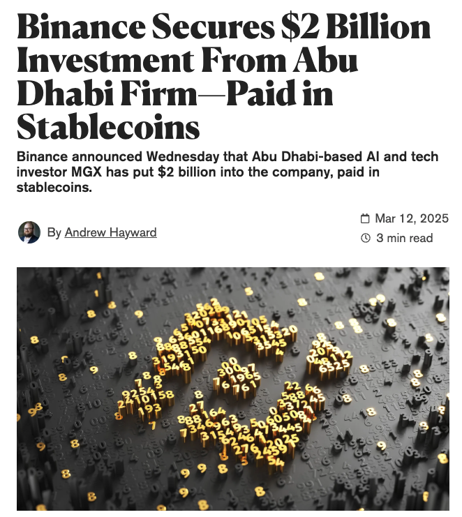 Tyler_Did_It's tweet photo. The Morning Minute (3.13)

⏰Top News:
-Crypto majors chop after soft CPI; BTC at $83k
-ETH BTC ratio hits new 5-year low
-Binance receives $2B from Abu Dhabi’s MGX
-US Democrats slam stablecoin bill, say it benefits ‘Big Tech’
-Coinbase delists 3 memecoins in sign of the times

🌎 Macro Crypto and Memes
-Crypto majors are mostly even after soft CPI; BTC even at $82,900, ETH -1% at $1,890, XRP +3% at $2.26, SOL even at $126
-S (+10%), XLM (+10%), IP (+7%) and KAS (+7%) led alts
-The ETH BTC ratio hit a new 5-year low on Wednesday, with 1 BTC worth 44 ETH

-Trump said he thinks “markets are gonna soar”
-Binance announced a $2B investment from Abu Dhabi’s MGX
-Ripple received approval from Dubai to offer crypto payments services in the UAE
-The CBOE is seeking SEC approval to list Solana ETF shares on its exchange
-The SEC vs Ripple case may be resolving soon according to reports

-Cantor Fitzgerald officially announced its Bitcoin-backed lending for institutions, launching this July with $2B in initial financing
-Rumble became the latest company to acquire Bitcoin, adding $17M worth
-North Korean hacker group Lazarus has been linked to 6 new malicious packages targeting developer’s browsers and wallets

In Memes
-Memecoin leaders were also mostly green with DOGE +1%, Shiba -1%, PEPE +13%, TRUMP +4%, BONK +3% & WIF +7%
Coinbase delisted FLOKI, TURBO & GIGA from its exchange in New York after deeming the memes did not meet listing standards
-DRB fell 50% to $15M after BNKR turned off its access

💰 Token, Airdrop & Protocol Tracker
-Hyperliquid changed its margin requirements to 40x for BTC and 25x for ETH after a whale liquidation wiped $4M from the HLP vault and they saw a net outflow of $166M
-SEI TVL jumped 39% this week to $310M, making it the top mover for chains with over $100M in TVL
-OG Labs launched its genesis NFT “One Gravity,” which minted out (for free) and ran to a 1.6 ETH floor before retracing to 0.8

🤖 AI x Crypto
-Overall market cap was up 7% to $4.3B, leaders were up 10-20%
-VIRTUAL (+9%), FARTCOIN (+13%), ai16z (+15%), ARC (+9%), ACT (-1%), and FAI (+22%)
-GAME (+30%), LUNA (+30%) and AVA (+24%) were notable top movers
-BNKR and FARTCOIN continue to lead mindshare
-BNKR disabled its responses to Grok after the X AI agent launched 17 different tokens after seemingly being manipulated

🚚 What is happening in NFTs?
-ETH NFT leaders are mostly red; Punks -1% at 37.6 ETH, Pudgy -4% at 8.75, BAYC +1% at 13 ETH
-PX Quest (+50%), Potatoz (+30%) and QQL (+28%) led top movers
-A grail Cowboy Punk sold for 75 ETH on Gondi

-BTC NFT leaders were mostly green with Bitcoin Puppets +7%, NodeMonkes +13%, OMB +6%, Quantum Cats -11%
-Taproot Wizards announced their latest Quest 5 details, with those who successfully complete the quest able to mint from the WL for 0.2 BTC

-Abstract NFTs were mostly green with Captain and Company (+20%) and Chronoforge Totems (+20%) leading the way