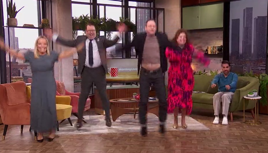 <a href="/scott_mills/">Scott Mills</a> <a href="/BBCRadio2/">BBC Radio 2</a> <a href="/CTrevanion/">Christina Trevanion</a> <a href="/BBCMorningLive/">BBC Morning Live</a> <a href="/SpecialAuction1/">Special Auction Services</a> <a href="/HelenSkelton/">Helen Skelton</a> <a href="/HollyHNews/">Holly Hamilton</a> And there was no way we weren't going to take part in #StrictlyFitness! Fair play to Christina (in her heels), Thomas (in his suit), our red and blue teams, and our production team for giving it a go! 🥵