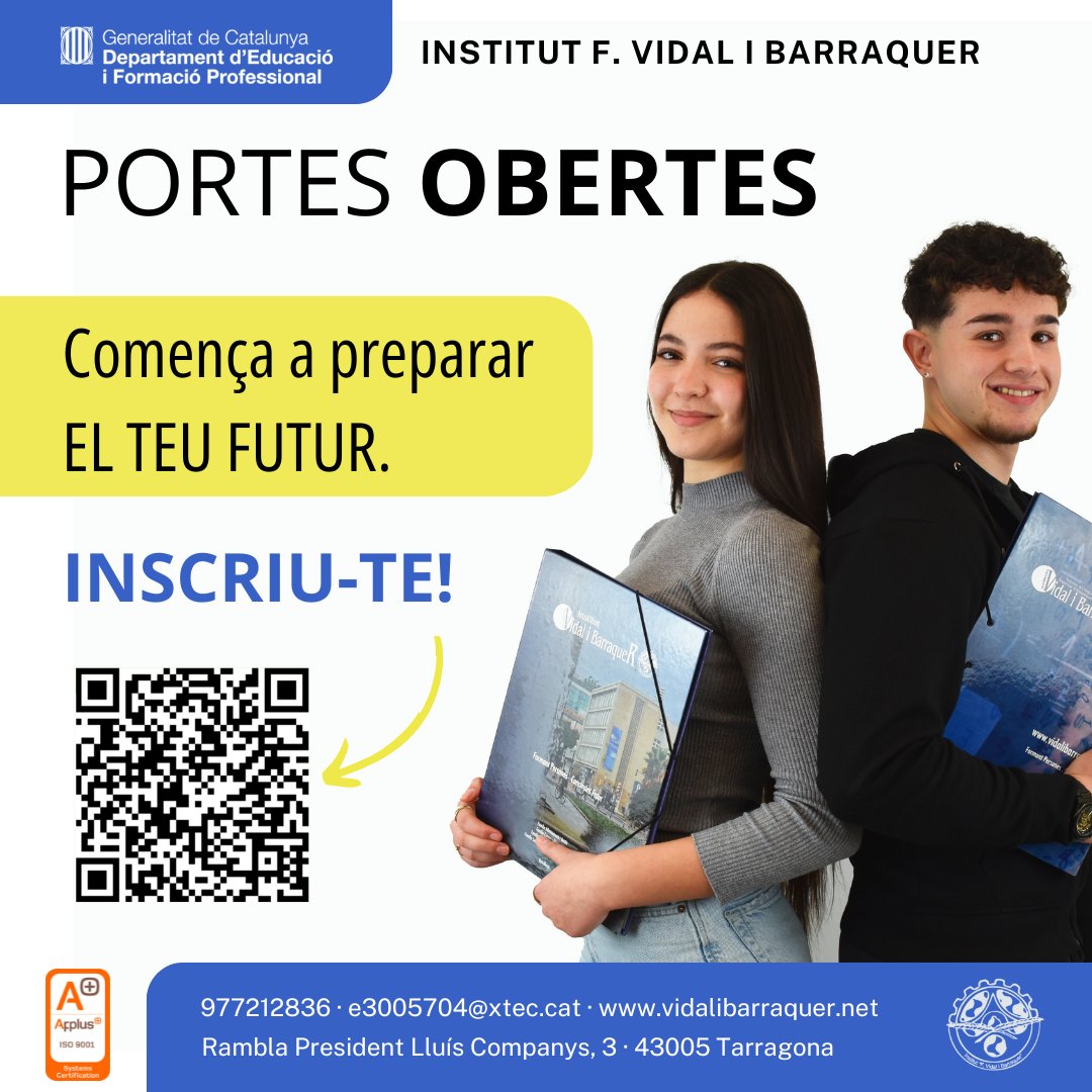 L'institut F. Vidal i Barraquer us convida a les Jornades de Portes Obertes.
vidalibarraquer.net
#batxillerat #fp #fpdual #somfp #joestudioalvidal