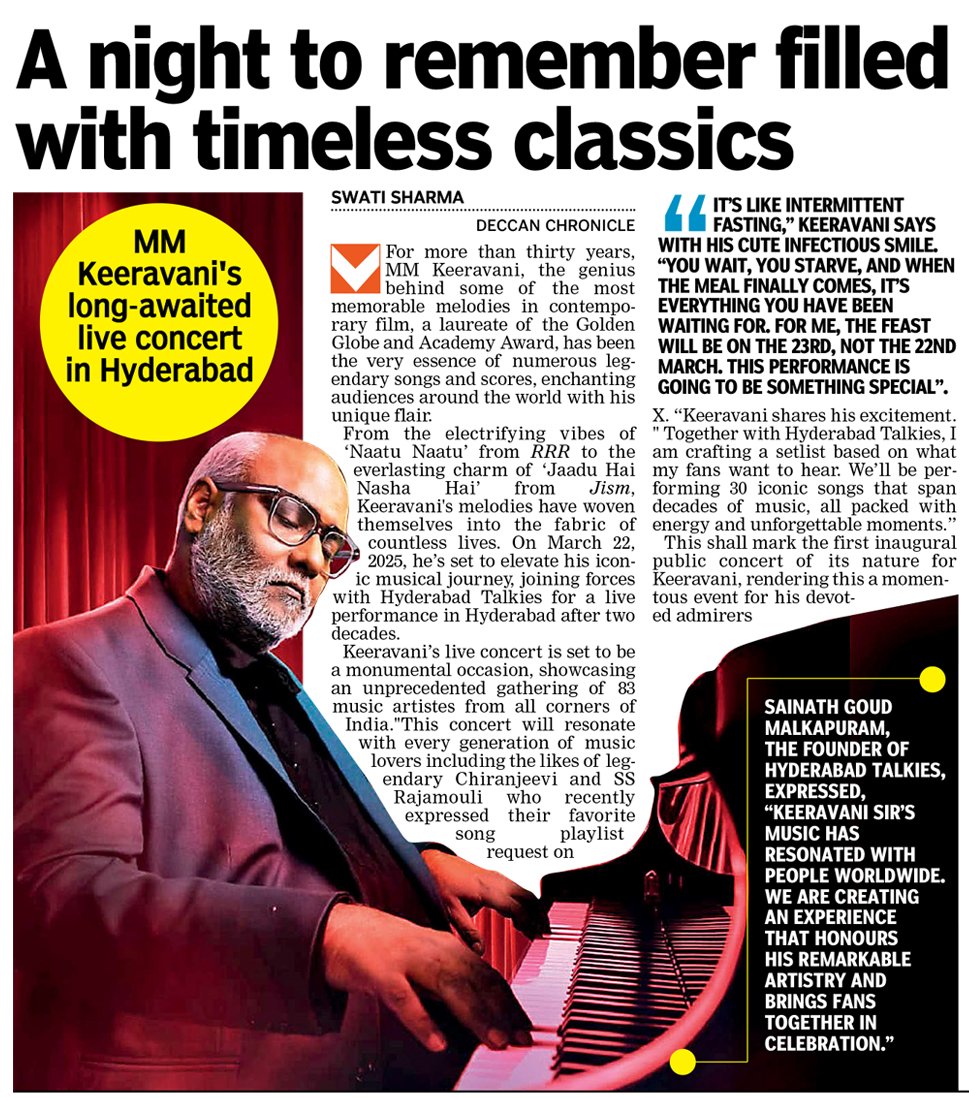Get ready, Hyderabad, its on 22nd March, experience 30 iconic songs spanning decades of music, filled with energy and unforgettable moments #MusicMagic #IconicHits #HyderabadEvent #musicshower 

deccanchronicle.com/tabloid/hydera…