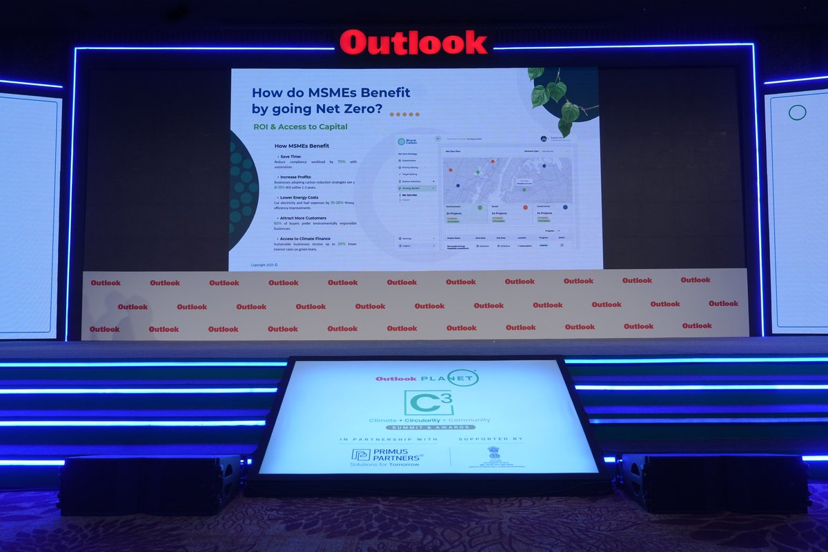 partners_primus's tweet photo. The second day of the  𝐎𝐮𝐭𝐥𝐨𝐨𝐤 𝐏𝐥𝐚𝐧𝐞𝐭 𝐂³ Summit &amp; Awards 2025* witnessed the launch of Bharat Carbon, an end-to-end decarbonization platform by Vishwa Carbon, in collaboration with Primus Partners. https://t.co/8CzPBGxs2a