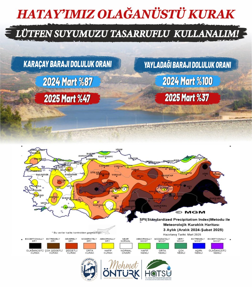 HatayHatsu's tweet photo. Sadece 1 yıllık süreç içerisinde Karaçay ve Yayladağı Barajı verilerini kıyaslayarak yaşadığımız kuraklığın boyutu bize çok şey anlatıyor. Meteoroloji Genel Müdürlüğü(MGM) Kuraklık Durumuna göre de Hatay’ımız "Olağanüstü Kurak” bir süreçten geçiyor. 

Henüz çok geç olmadan lütfen suyumuza sahip çıkalım, tasarruflu kullanalım ve geleceğimizin boş yere akıp gitmesine izin vermeyelim.
