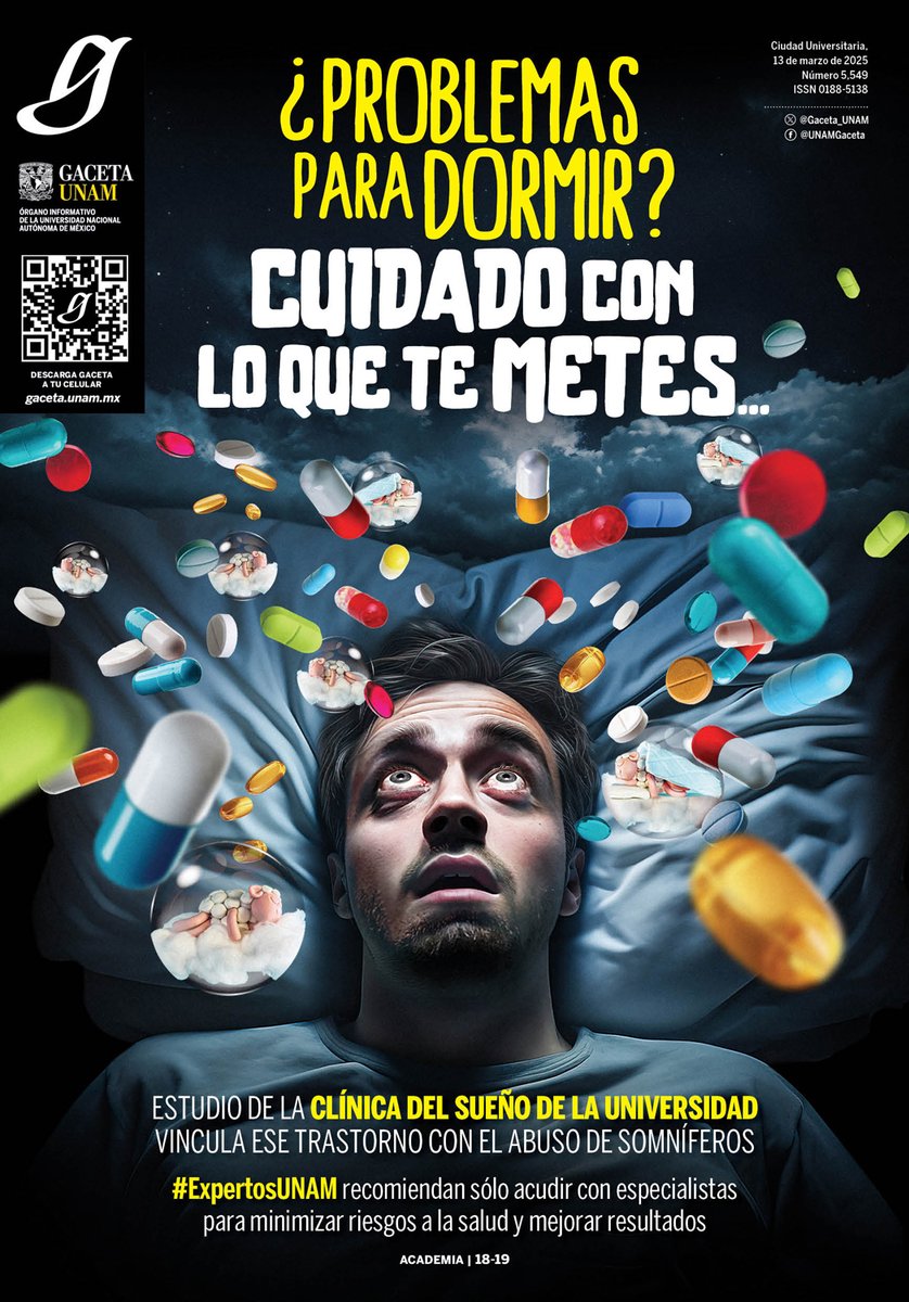 En #Portada

- ¿Problemas para dormir? 

-Cuidado con lo que te metes…

- Estudio de <a href="/biendormirUNAM/">Clínica de Trastornos del Sueño UNAM</a> vincula ese trastorno con el abuso de somníferos.

- #ExpertosUNAM recomiendan sólo acudir con especialistas para minimizar riesgos a la salud.

➡️ gaceta.unam.mx/se-utilizan-fa…