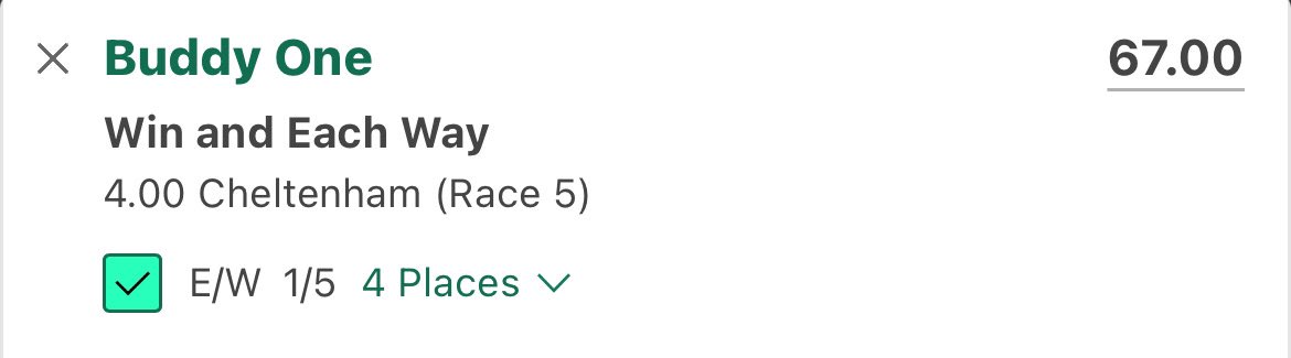 FREE CHELTENHAM BET ⭐️ 

Cheltenham 16:00 - Buddy One @ 67.00 (E/W)

Bet365/Unibet - 4 Places 

Like if you’re on! ❤️