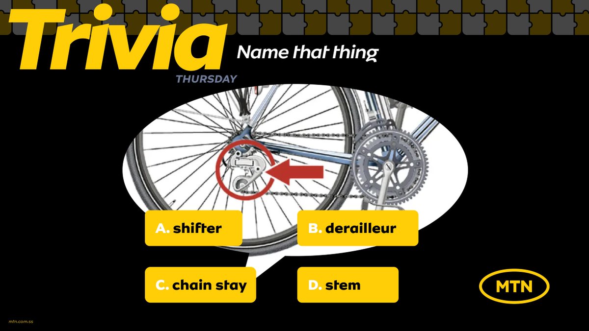 It's Trivia Thursday!! 🥳

Stand a chance to win 1GB! 

Name that thing in the below image.

A) Shifter B) Derailleur 
C) Chain Stay D) Stem 

Let's go!!
#SSOX