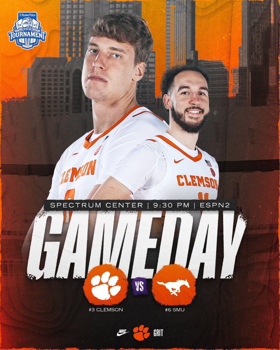 ClemsonMBB's tweet image. Late one tonight in the ACC Tournament!

#ClemsonGRIT 🆚 SMU
🕤 9:30 PM
📍 Spectrum Center
📺 ESPN2
📻 Clemson Athletic Network