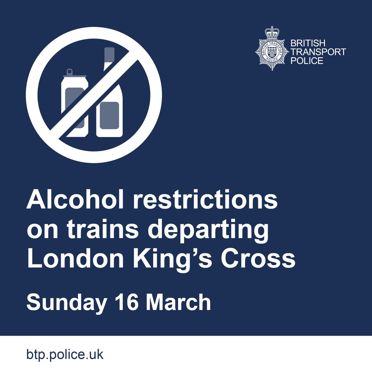 All departures from #KingsCross of all train operators after 19:30 on Sunday 16 March will be alcohol-free following a request from <a href="/BTP/">British Transport Police</a>.

This is to help provide a safe and comfortable journey for all.