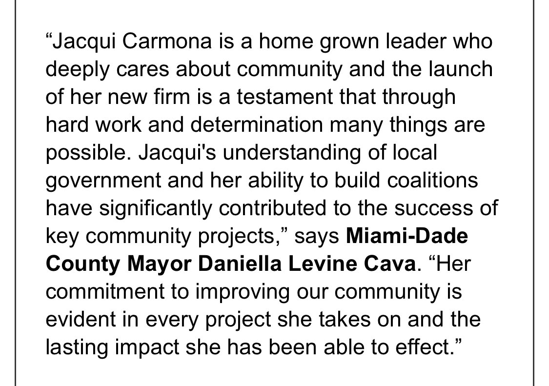 Jacqui Carmona announces new lobbying firm, Carmona Advisors, with endorsements from Chair <a href="/CommishArod/">Anthony Rodriguez</a> and <a href="/MayorDaniella/">Daniella Levine Cava</a>