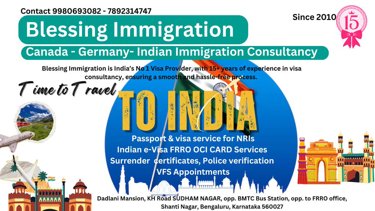 e_frro80925's tweet image. Blessing Immigration - Your Trusted Partner for Immigration Services Are you a foreign national looking to navigate visa processes and legal requirements in India? Look no further than Blessing Immigration – Bangalore’s premier immigration consultants! 9980693082 #OCI #FRRO #VISA