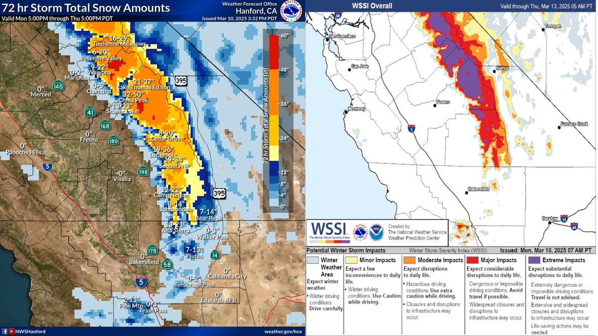 NWSHanford's tweet photo. Best Case and Worst Case values of Storm Total Snowfall. Extreme impacts as depicted by the Winter Storm Severity Index. #CAwx #MarchSnow https://t.co/gkiVn3mpCS