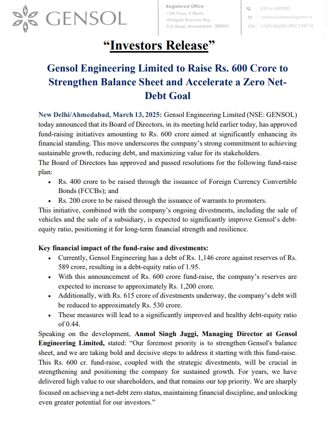 vluxeinvests's tweet photo. 🚀 Gensol Engineering to Raise ₹600 Cr to Strengthen Balance Sheet
👉🏻 ₹400 Crore via Foreign Currency Convertible Bonds (#FCCB)
👉🏻 ₹200 Crore via #warrant issuance to promoters
👉🏻 Debt reduction strategy: #Divestments worth ₹615 Crore underway
👉🏻 Debt-equity ratio to improve from 1.95 to 0.44
👉🏻 Goal: Achieve net-debt zero status & drive long-term growth
#Gensol #DebtReduction #FundRaise #StockMarket #RenewableEnergy
