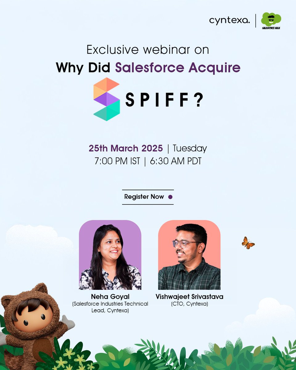 Salesforce acquiring Spiff has everyone talking, but what’s the inside story? 🧐

👉🏻Join us as we decode the why, what, and how of this game-changing move! cyntexa.com/webinar/salesf…

#newwebinar #webinaralert #SalesforceMoves #TechTrends #WhatNext #Cyntexa