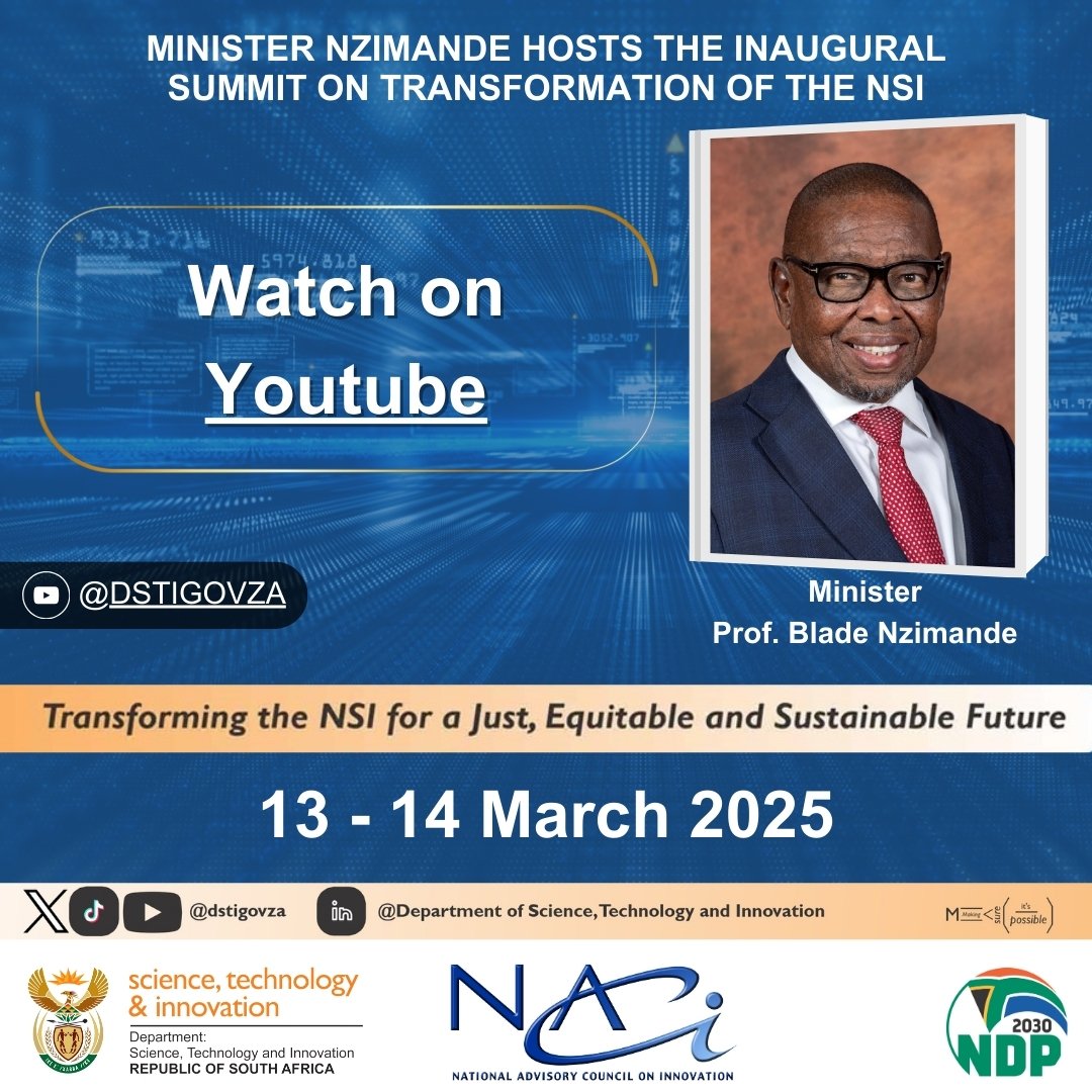 @SAgovnews (@sagovnews) on Twitter photo Science, Technology and Innovation Minister, Professor Blade Nzimande, will team up with Gauteng Premier Panyaza Lesufi to launch the first-ever National System of Innovation Transformation Summit. tinyurl.com/5ytvsx4c <a href="/dstigovza/">DEPARTMENT OF SCIENCE,TECHNOLOGY & INNOVATION</a>
#GovZAUpdates #NACI Science, Technology and Innovation Minister, Professor Blade Nzimande, will team up with Gauteng Premier Panyaza Lesufi to launch the first-ever National System of Innovation Transformation Summit. tinyurl.com/5ytvsx4c <a href="/dstigovza/">DEPARTMENT OF SCIENCE,TECHNOLOGY & INNOVATION</a>
#GovZAUpdates #NACI