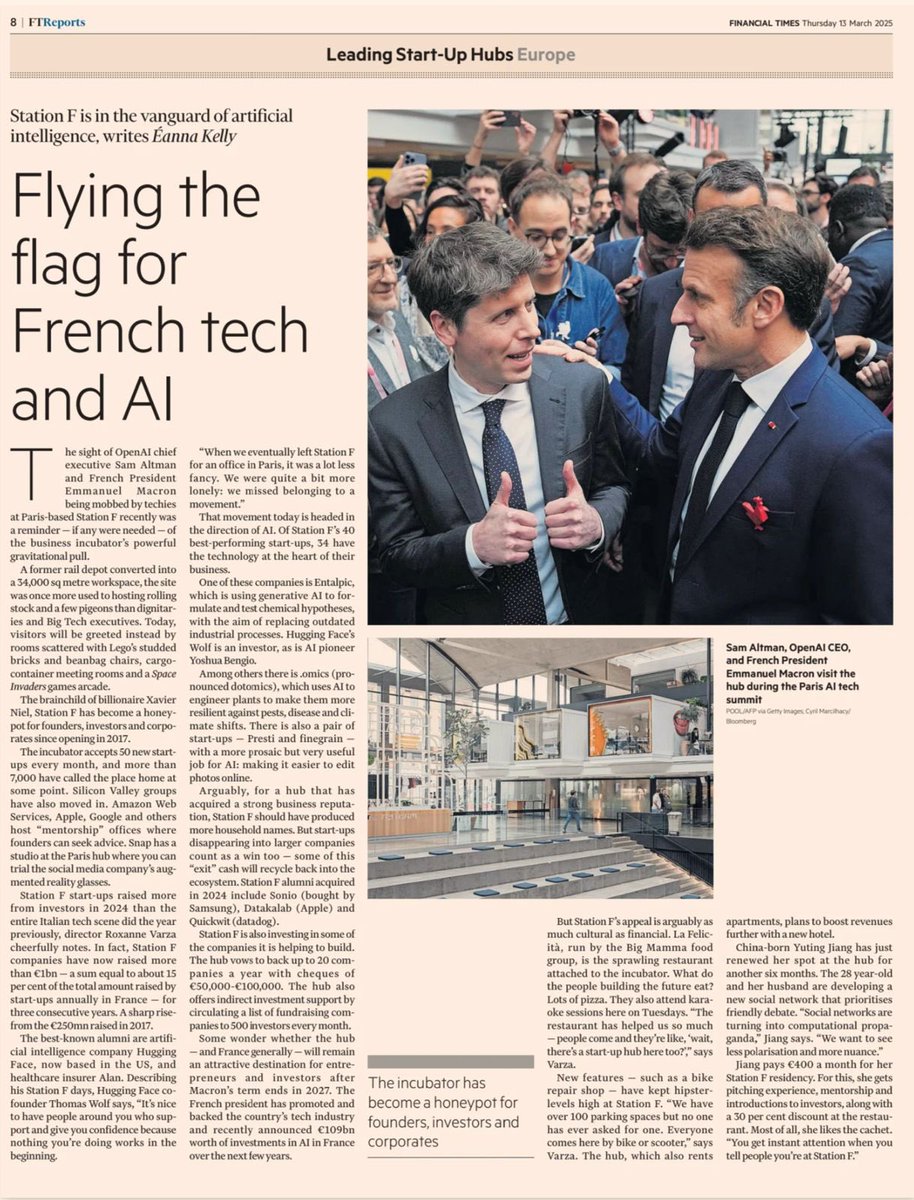 Full page on <a href="/joinstationf/">STATION F</a> in the <a href="/FT/">Financial Times</a> 🤩 featuring some of our companies and partners like <a href="/huggingface/">Hugging Face</a> <a href="/avec_alan/">Alan</a> <a href="/entalpic_ai/">Entalpic</a> <a href="/finegrain_ai/">Finegrain</a> <a href="/Quickwit_Inc/">Quickwit</a> <a href="/Apple/">Apple</a> <a href="/Google/">Google</a> <a href="/AWS/">Amazon Web Services</a> and others 🔥