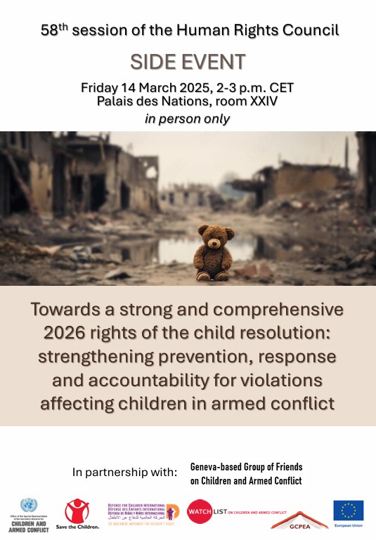 It is estimated that 473 million children live in a conflict area.
Sadly, these children very often face massive violations of their rights.

Please join us this coming Friday at 2 PM at the Palais des Nations to discuss how children in armed conflict could be better protected
