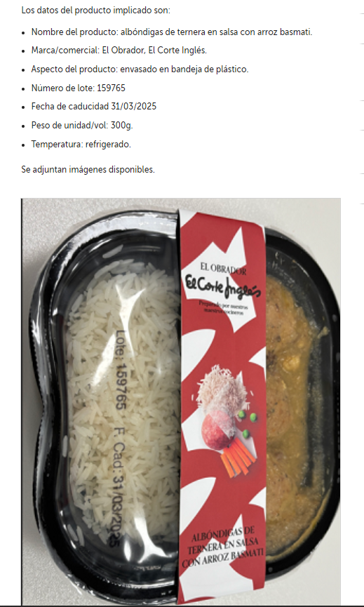 Advertencia para personas con alergia a los frutos secos: alérgeno no declarado (almendra) en albóndigas de ternera en salsa con arroz basmati procedentes de España (Ref. ES2025/133)
En <a href="/AnalizaCalidad/">Analiza Calidad</a> detectamos alérgenos en alimentos