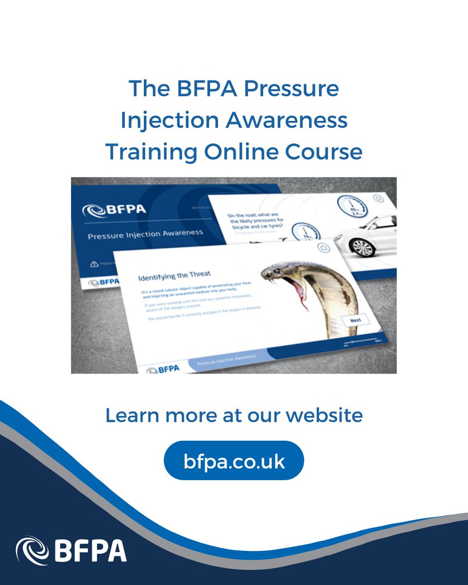 The BFPA Pressure Injection Awareness Training is a short online course helping to build a greater understanding of how to prevent such injuries through improved working practices.
bfpa.co.uk/online-trainin… 
#BFPA #FluidPower #Hydraulics #Pneumatics #safetystandards #bestpractice