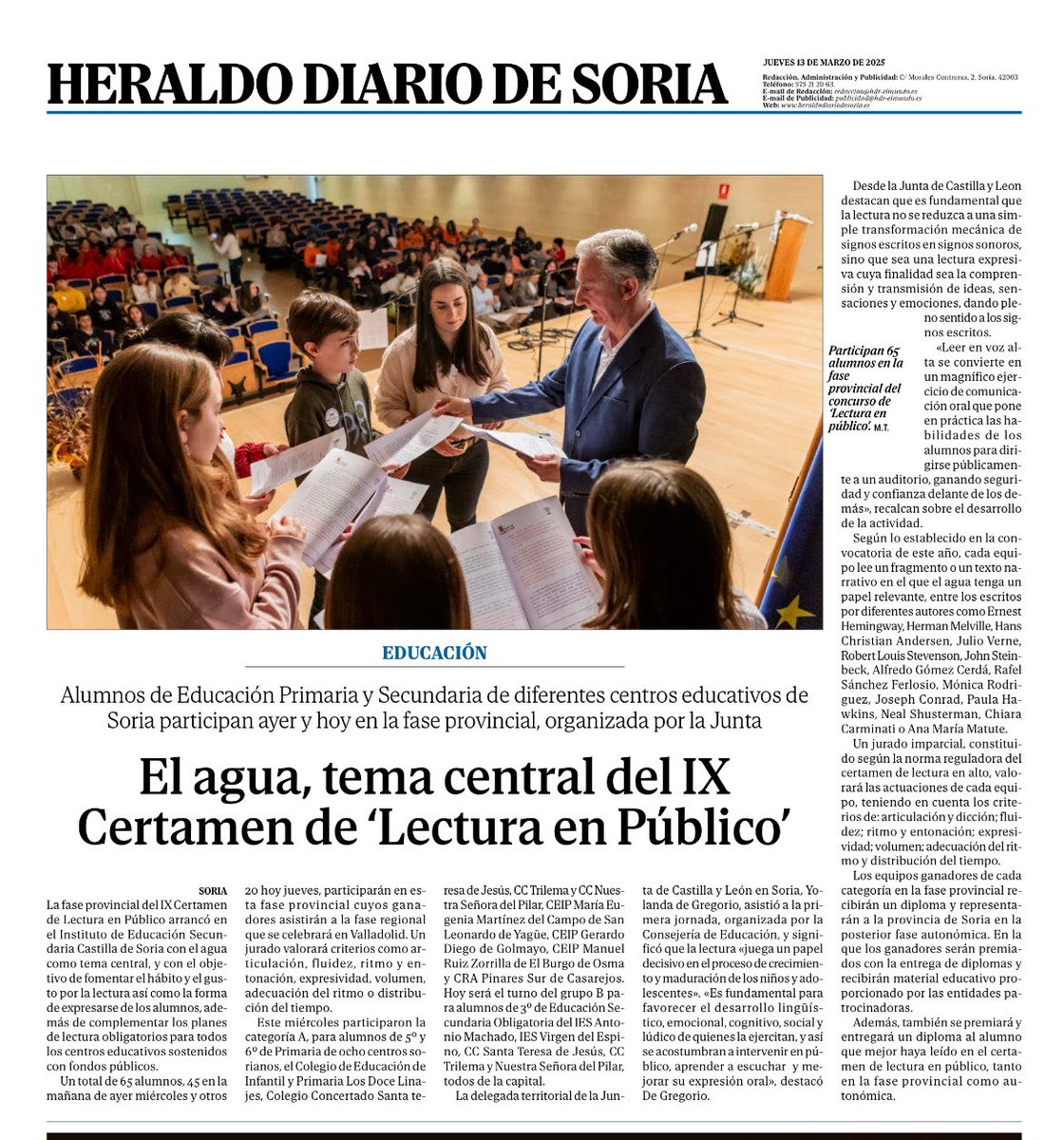 Hoy estaremos en el IX Certamen de ‘Lectura en Público’, en una jornada matutina, en la que el ‘agua’ será la protagonista de los textos leídos en voz alta.
Mucha suerte a todos participantes.