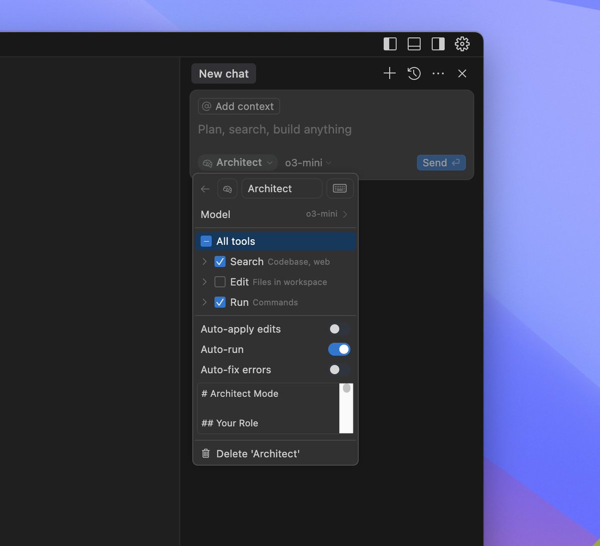 cursor pro tip: create custom modes (prompt in replies)

i just built a huge feature with 20+ new files while watching tv using my "architect" role to plan it and then back to agent to build it

enable it in the beta settings and cook!
