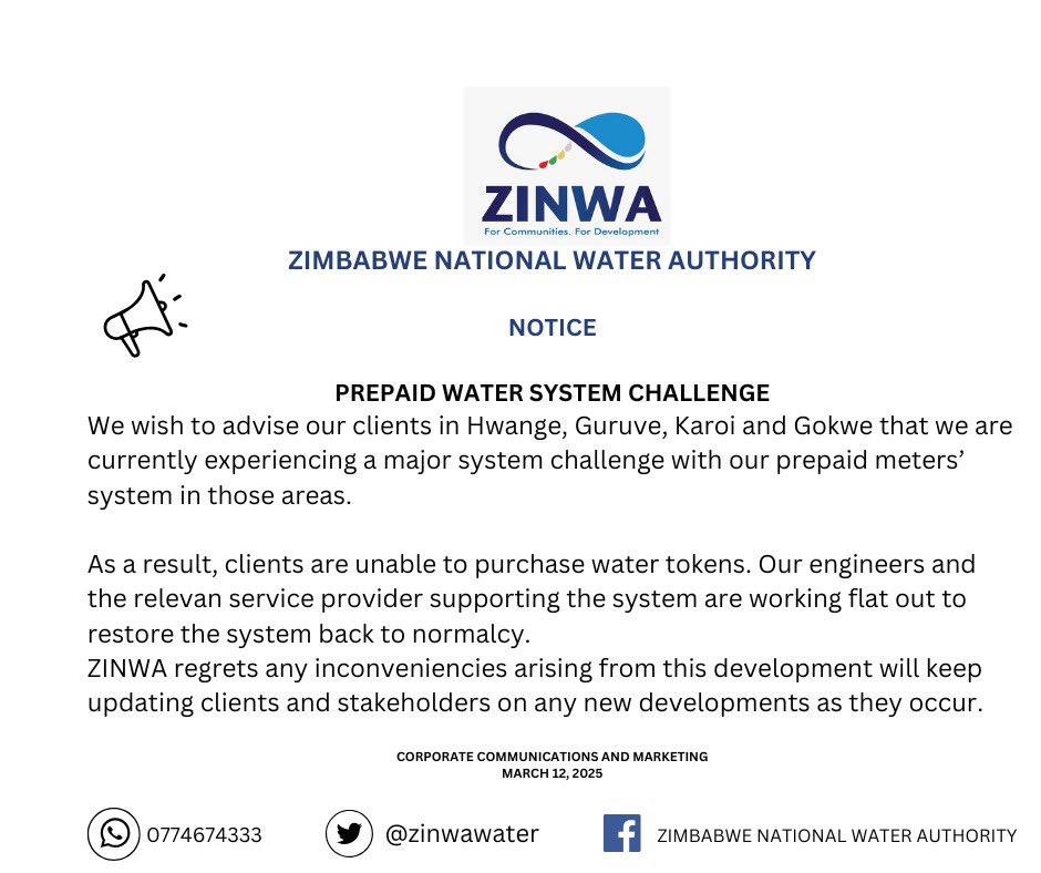 ZINWA is facing a prepaid water system challenge which has affected Hwange, Guruve, Karoi and Gokwe. Clients in the mentioned areas are unable to purchase water tokens.
