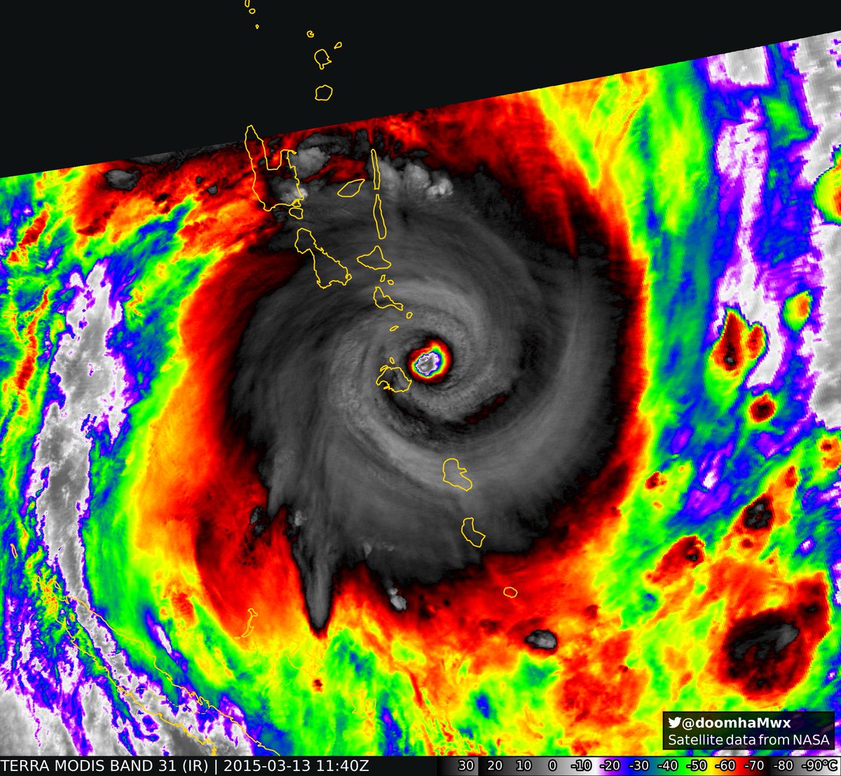 10 years ago today, powerful Cyclone #Pam impacted Vanuatu, where an incredibly low sea level pressure of 919 mb was measured in the eyewall (03/13 21Z) — yielding a central pressure estimate of ~ 895-905 mb via Schloemer equation.
