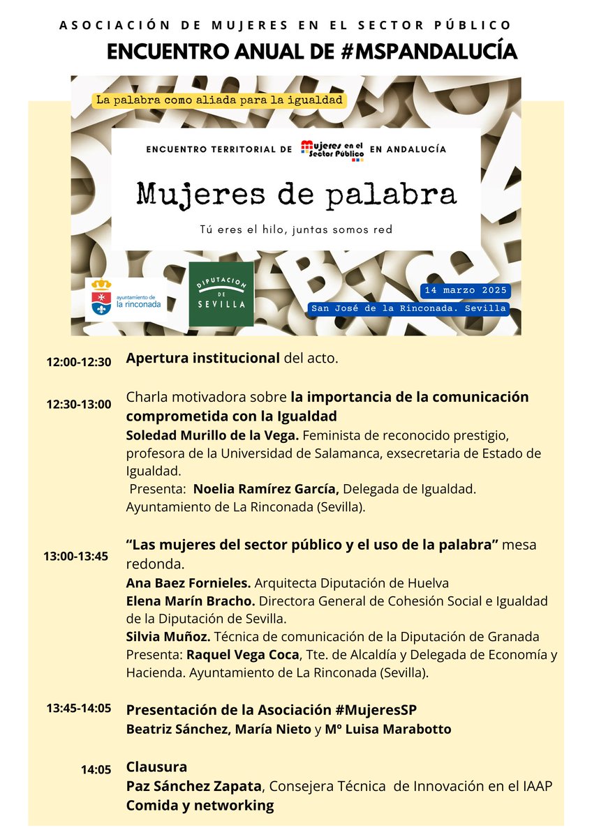 Todo preparado para el encuentro de mañana de #MSPAndalucía  en San José de la Rinconada (Sevilla).
Será un día de reencuentro para #MujeresSP de #Almería #Cádiz #Córdoba #Huelva #Granada #Jaén #Málaga y #Sevilla 
Aquí tienes el programa actualizado
mujeresenelsectorpublico.com/evento/encuent…