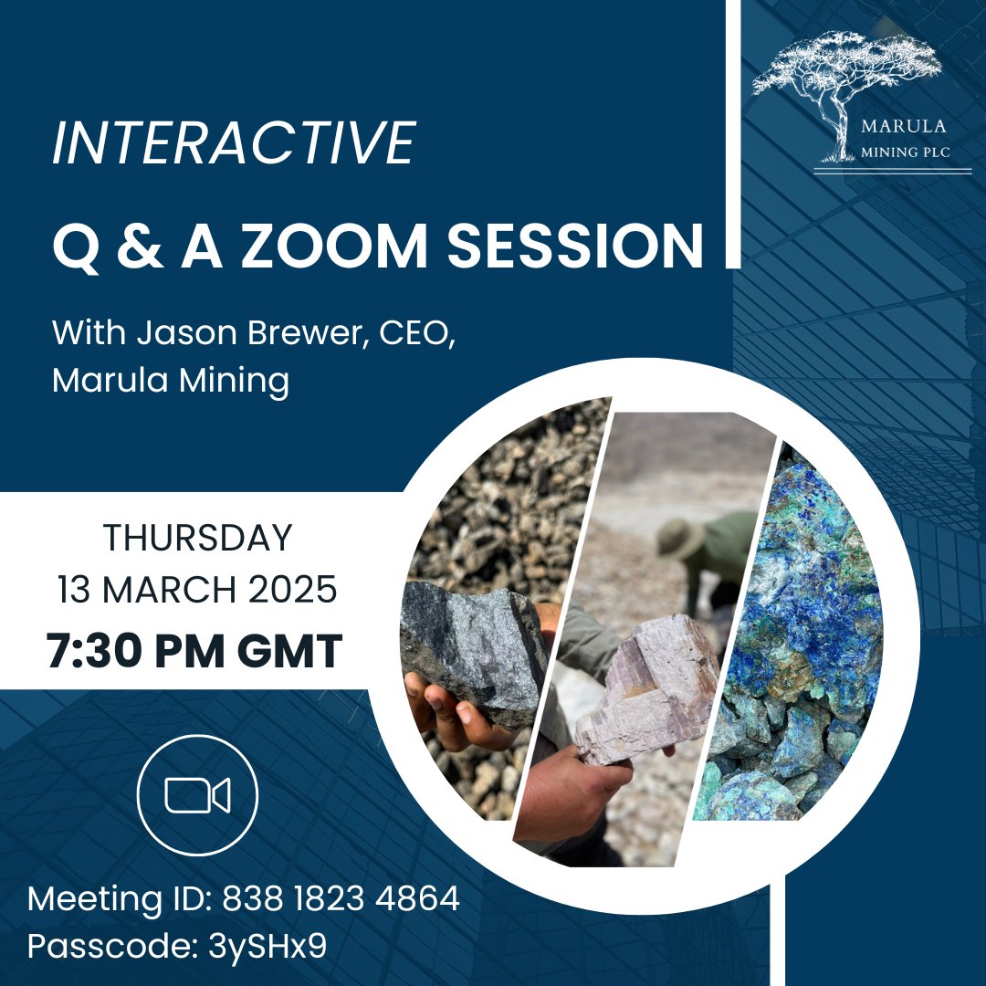 🔴🎥Tonight, join #MARU's CEO Jason Brewer on a live interactive Q&amp;A Zoom session.

⌚Time: 7:30PM GMT / 10:30PM GMT+3
📍 Zoom Link: us05web.zoom.us/j/83818234864?…

Meeting ID: 838 1823 4864 | Passcode: 3ySHx9

Questions can be sent via our Direct Message.

#MARU #Batterymetals
