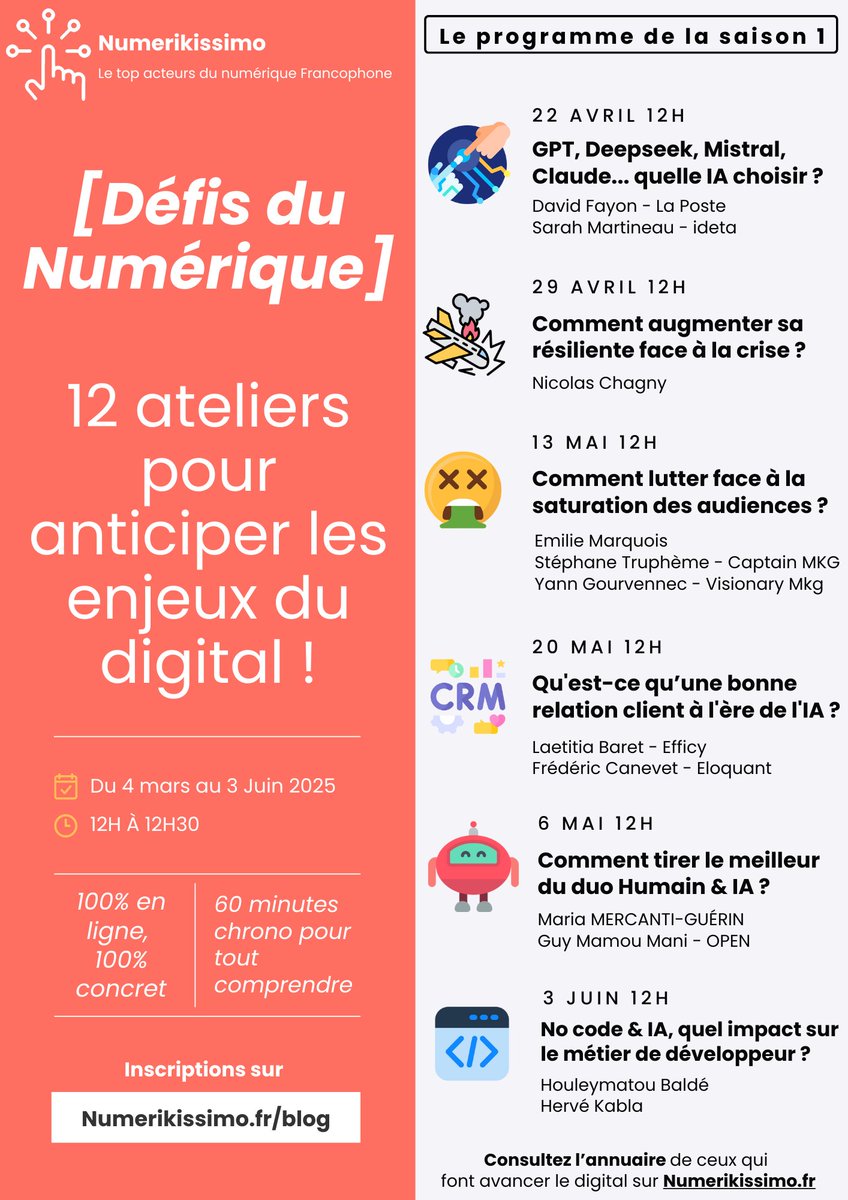 🚀 Vous sentez-vous parfois dépassé par l’évolution rapide du monde numérique ?

Rejoignez nos ateliers chaque mardi à 12h et prenez une longueur d’avance.

📅 Thèmes à venir : SEO et IA, e-commerce B2B...

🔗 Inscrivez-vous : tinyurl.com/29h6ts8d

#Numerikissimo #TransfoNum