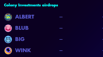 📢 $CLY stake edenlere $ALBERT, $BLUB, $BIG ve $WINK airdrobu yapıldı.

✅ Claim: app.colonylab.io/airdrops