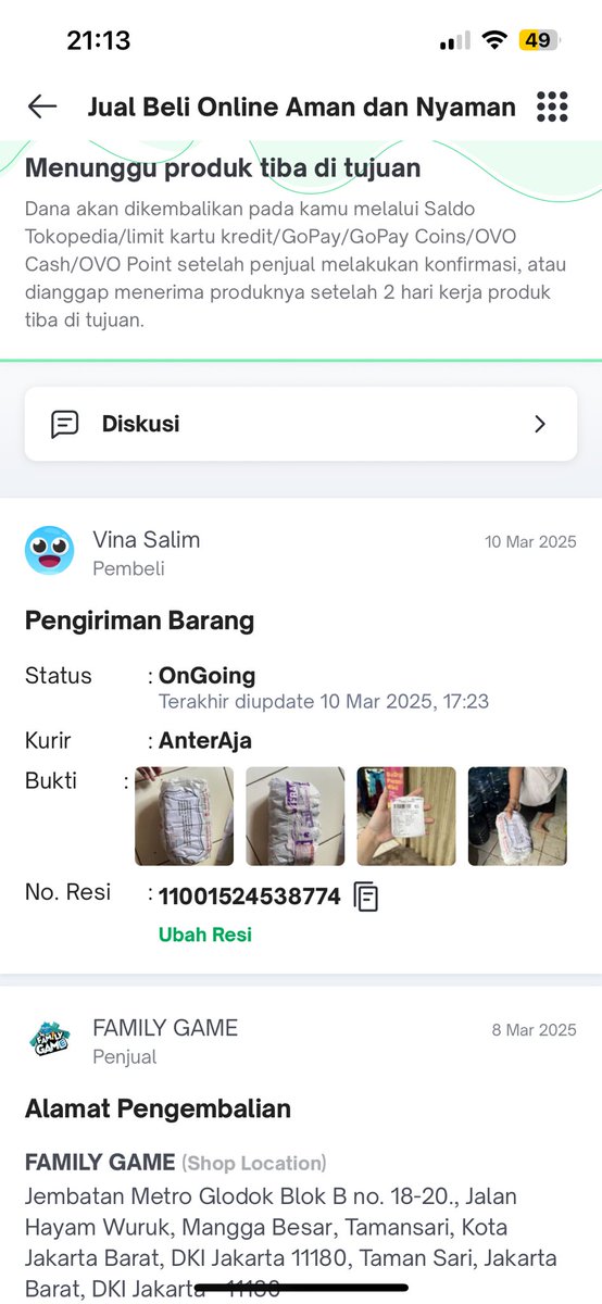 vinasal1m's tweet photo. @TokopediaCare @tokopedia 

ni tokopedia care gimana sii pusing. pertanyaan dijwb lama bgt. coba di twitter deh siapa tau cpt responny. 

sy ada retur barang, di resi yg sy punya status paket sdh diterima seller, tp di sistem statusnya gak jalan. cuma “on going” dri sy input resi https://t.co/3wgTxoxnV7