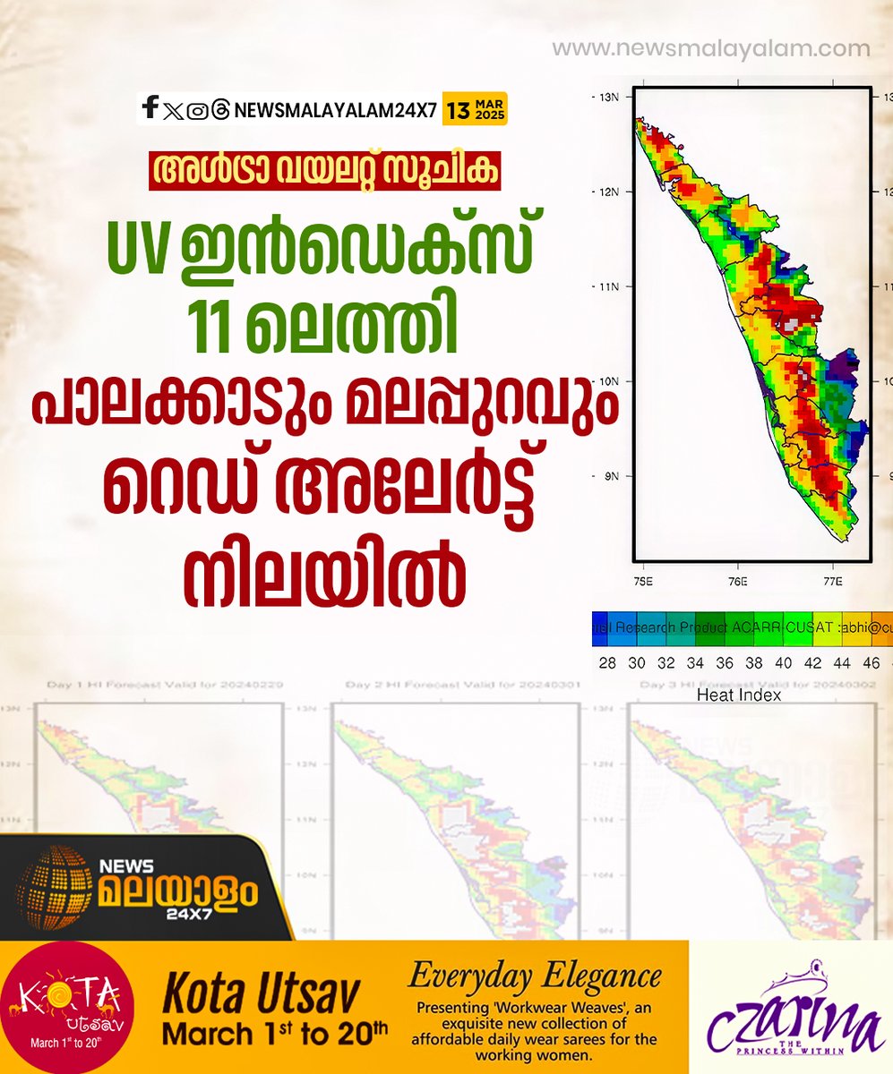 newsmalayalamtv's tweet image. UV ഇൻഡെക്സ് 11 ലെത്തി. പാലക്കാട്,മലപ്പുറം ജില്ലകൾ റെഡ് അലർട്ട് . 

#UVIndex #palakkad #malappuram #ultraviolet #newsmalayalamtv #newsmalayalam24x7