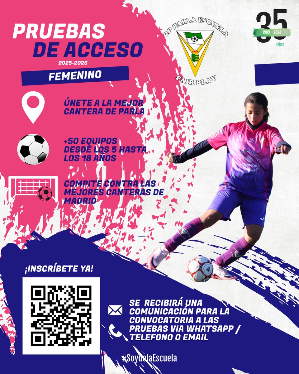 ⚽️Abrimos las inscripciones para las pruebas de acceso al Parla Escuela Fair Play de cara a la temporada 25/26

💜 Únete a nuestra Cantera (5-18 años)

💻 Inscripción en el siguiente link: forms.gle/ncLVDdDaDsiyfV…

📞 Te llamaremos contestando a tu solicitud

#SoydelaEscuela