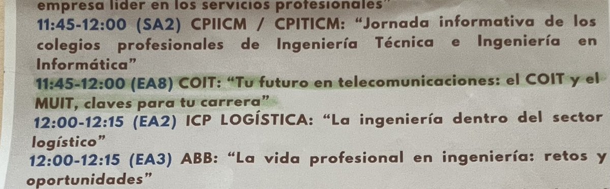 No te olvides de pasarte por el aula EA8 del <a href="/eps_uah/">EPS UAH</a> a las 11:45 Horas para escuchar una interesante charla de <a href="/COIT_AEIT/">COIT_AEIT</a> y <a href="/AeitMadrid/">AEIT Madrid</a> sobre tu futuro en las Telecomunicaciones. Colegio y Master habilitante, claves para tu carrera profesional