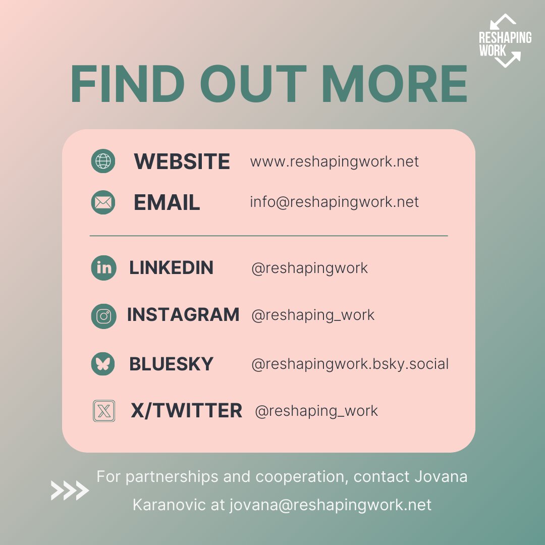 Reshaping Work (@reshaping_work) on Twitter photo At Reshaping Work, we bring together diverse voices to explore, debate, and innovate around the Talent Economy, Platform Economy, AI & Labour Markets, and more! 🚀
📩 For partnerships and more information jovana@reshapingwork.net.
🔗reshapingwork.net
#FutureOfWork At Reshaping Work, we bring together diverse voices to explore, debate, and innovate around the Talent Economy, Platform Economy, AI & Labour Markets, and more! 🚀
📩 For partnerships and more information jovana@reshapingwork.net.
🔗reshapingwork.net
#FutureOfWork