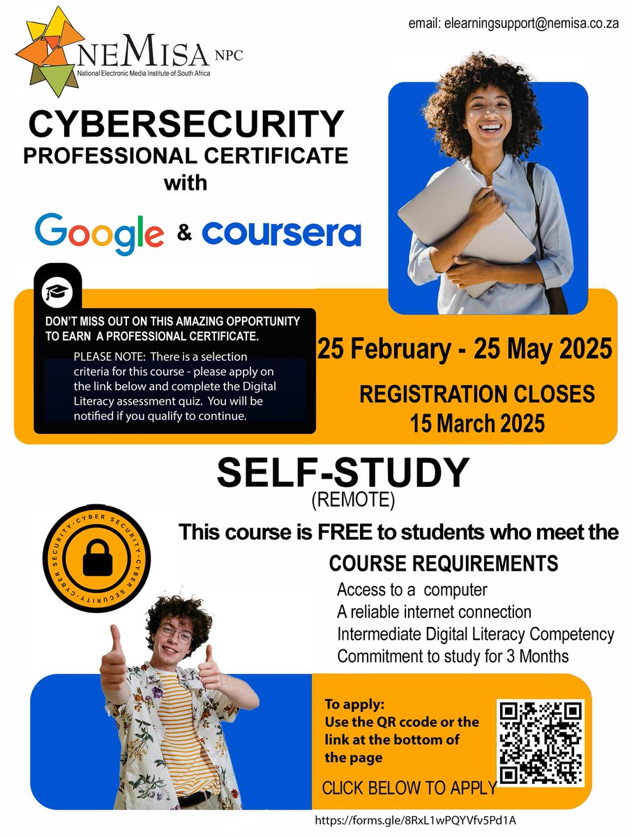 No prior experience is required! 

Google Cloud South Africa in collaboration with the National Electronic Media Institute of South Africa (NEMISA) is launching the Google Cybersecurity Upskilling Initiative.

They are offering licenses to train up to 12,000 students through the
