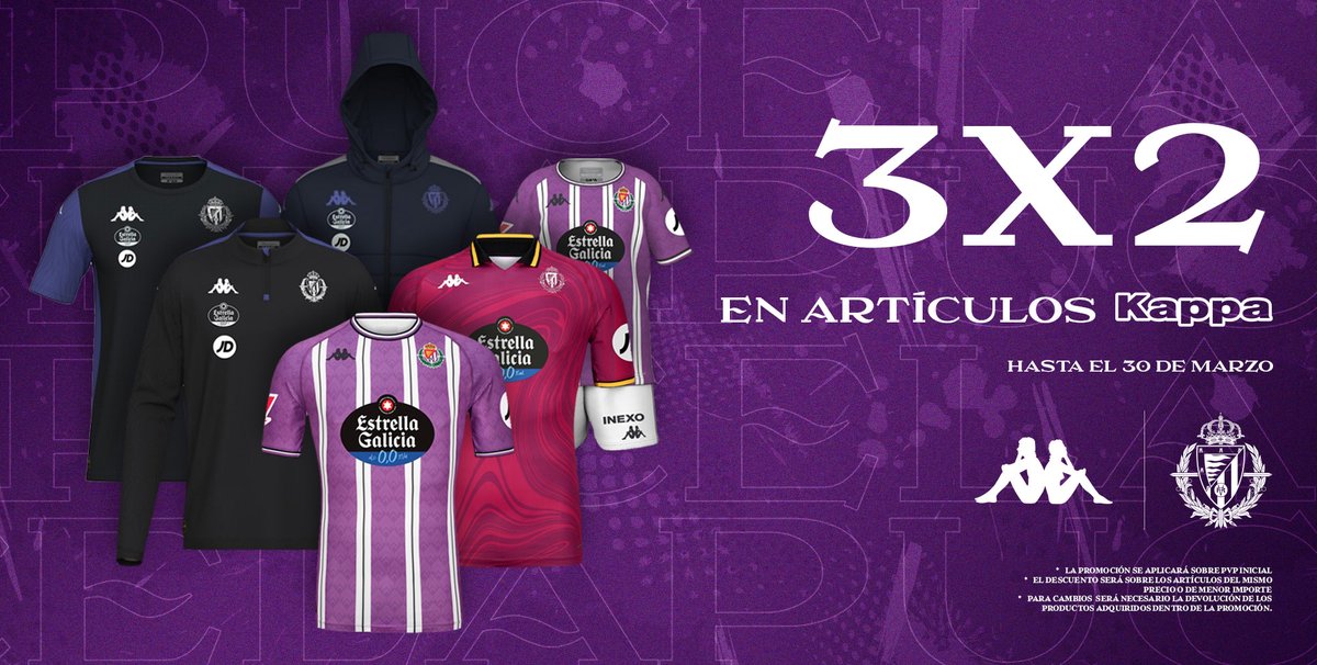 💜⚽ ¡3x2 en artículos Kappa!⚽💜

🔥 Acumulable con descuentos del abonado y promociones seleccionadas.
📅 Solo hasta el 30/03/2025
🛍️ Disponible en: tienda.realvalladolid.es
¡No lo dejes pasar!