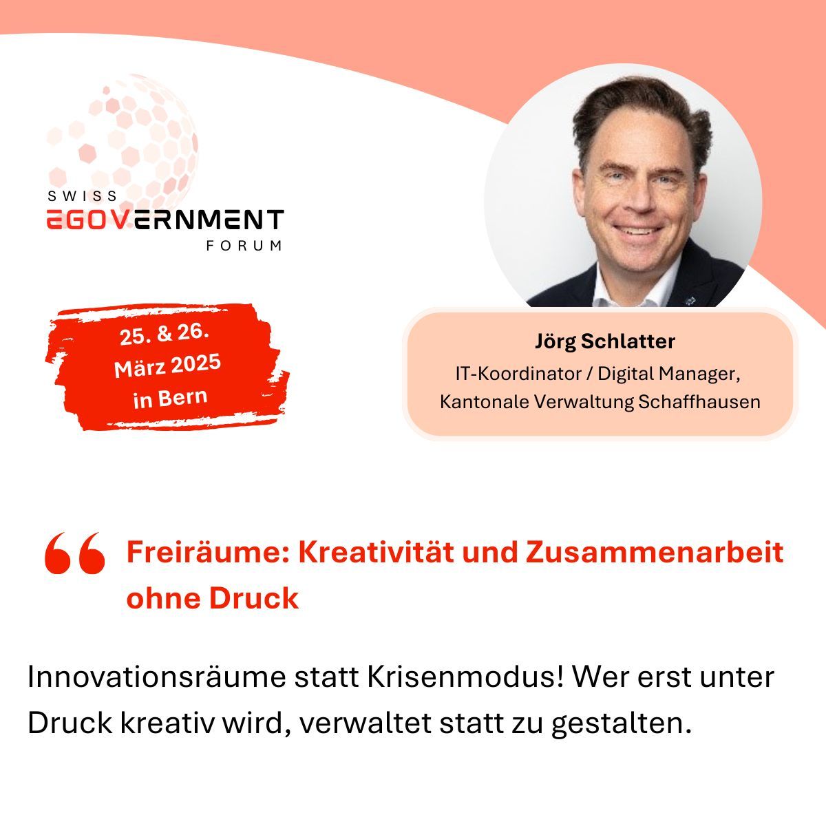 Wir freuen uns, Jörg Schlatter als Keynote Referent am Swiss eGovernment Forum 2025 zu begrüssen. Entdecken Sie das Programm und sichern Sie sich noch heute Ihr Ticket: buff.ly/IBruW3Z 

#swissegovernmentforum #egov #Verwaltung #Gemeinde #Behörden #Stadt #Kanton #Bund