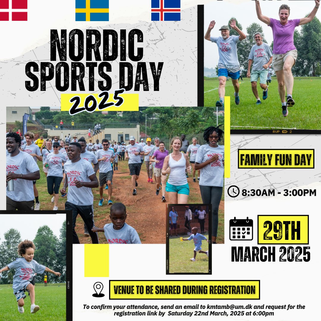 Denmark in Uganda (@dkinuganda) on Twitter photo Nordic Sports Day is Back!🎉
The Embassies of Sweden, Denmark & Iceland in 🇺🇬 invite Nordic citizens in 🇺🇬 to a fun-filled #NordicSportsDay on Saturday 29th March 2025!🏀🏸
To register, send an email to kmtamb@um.dk for the registration link before 22nd March 2025 #FamilyFunDay Nordic Sports Day is Back!🎉
The Embassies of Sweden, Denmark & Iceland in 🇺🇬 invite Nordic citizens in 🇺🇬 to a fun-filled #NordicSportsDay on Saturday 29th March 2025!🏀🏸
To register, send an email to kmtamb@um.dk for the registration link before 22nd March 2025 #FamilyFunDay