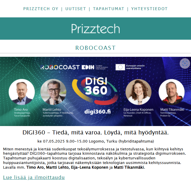 Prizztechin uutiskirje on täällä! 📢
Haluatko pysyä ajan tasalla Satakunnan elinkeinoelämän ajankohtaisista uutisista, tapahtumista ja kehityshankkeista? 

🔗 Lue uusin uutiskirje ja laita tilaukseen: 
prizz.fi/ajankohtaista/…

#Prizztech #Uutiskirje