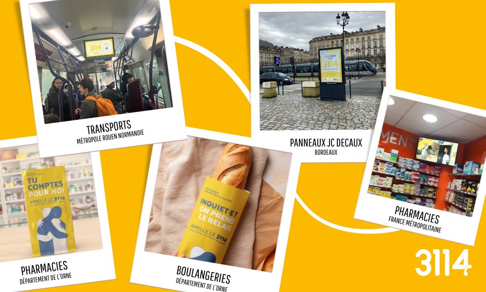 📍 SUR LE TERRAIN
Afin que le 3114 soit connu de tous.tes comme une ressource évidente et accessible en #preventionsuicide, il est important de le diffuser dans l’ensemble des lieux de vie du quotidien.

Merci aux partenaires du 3114 et aux professionnels des centres de réponse