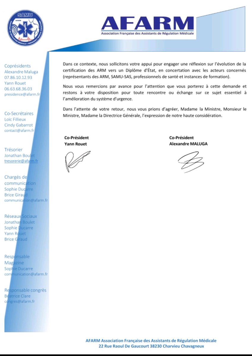 💪Reconnaissance des Assistants de Régulation Médicale : Pour un Diplôme d’État à la hauteur de leurs compétences !🎓

✅L' <a href="/AFARM_SAMU/">AFARM</a>  interpelle  <a href="/Sante_Gouv/">Ministère de la Santé et de l'Accès aux soins</a> et la Direction générale de l'offre de soins (DGOS)  pour valoriser un maillon essentiel de la chaîne des urgences.