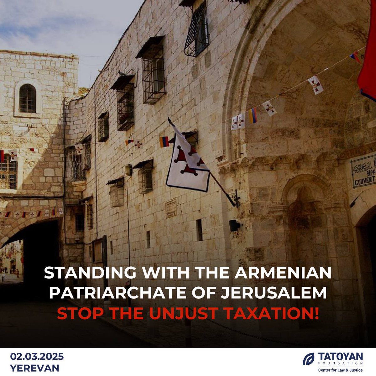 The #ArmenianPatriarchate of #Jerusalem faces discriminatory foreclosure over unjust #municipaltaxes, despite centuries of agreements exempting #churches.This initiative threatens Arm. presence &amp; #ChristianHeritage in Holy Land, putting rights of religious institutions at risk