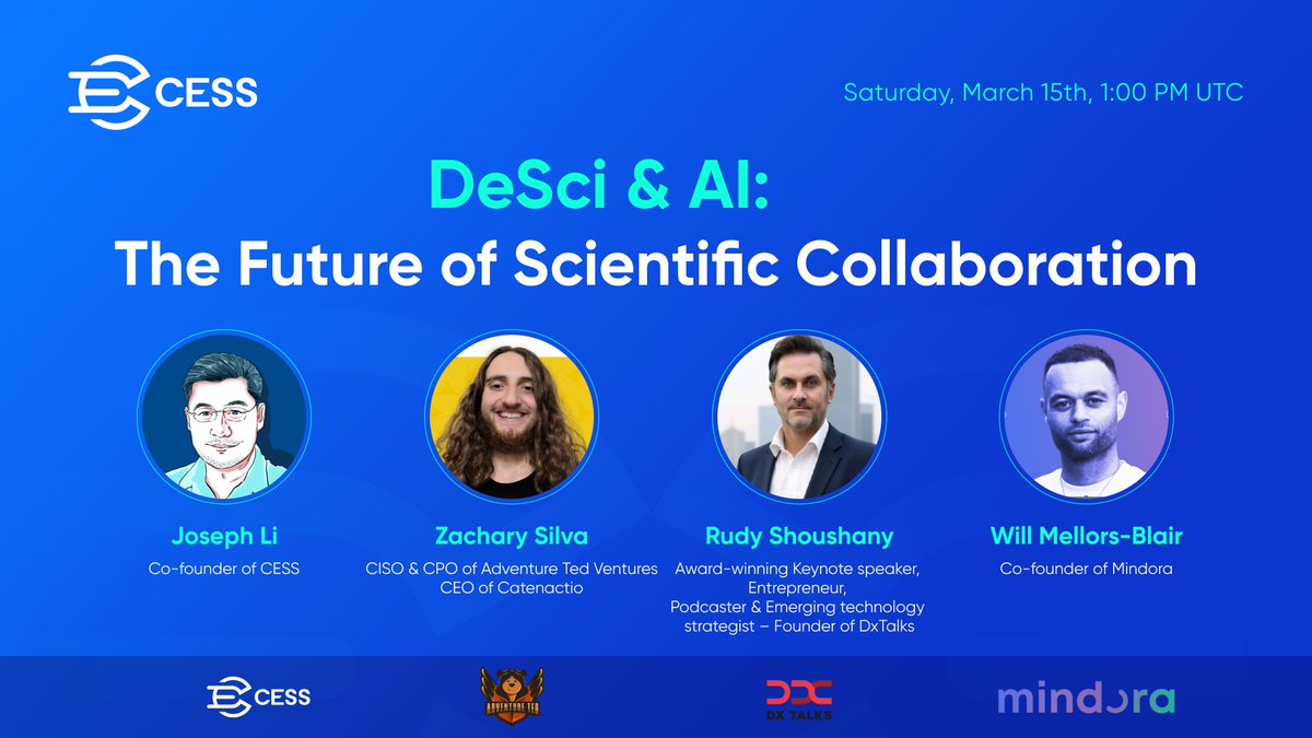 CESS_Storage's tweet image. Join Us for an Exclusive Space: #DeSci &amp;amp; #AI – The Future of Scientific Collaboration 👉

How is decentralized infrastructure shaping AI &amp;amp; DeSci? How can Web3 enhance scientific research and collaboration? Let’s discuss the intersection of AI, DeSci, and…
