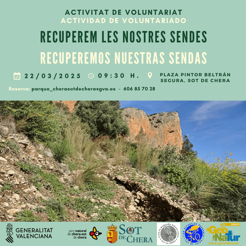🍃El sábado 22 de marzo realizaremos una jornada de voluntariado de recuperación de sendas en Sot de Chera. Es una colaboración entre el Ayuntamiento y los clubs deportivos locales, con inscripción previa y plazas limitadas.
#gvamediambient 
#gvaparcsnaturals 
#sotdechera